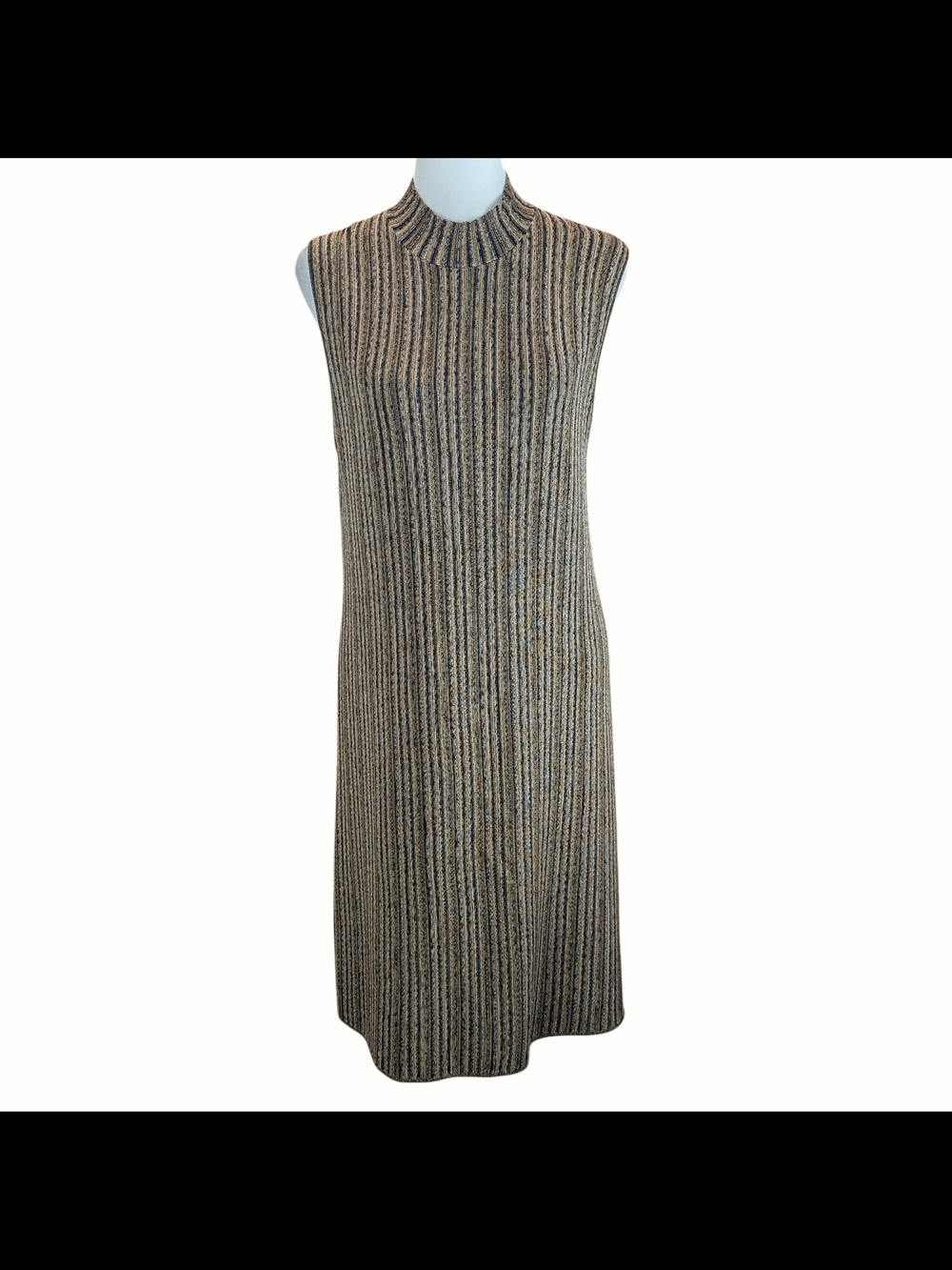 Theory Striped Sleeveless Mock Neck Dress Black & Tan Stretch Size Medium